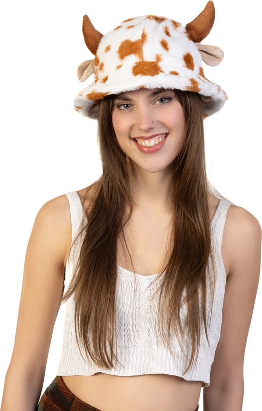 KIMU Buckethat Koe Bruin Wit Fleece - Hoed Hoorns Oren Vlekken Rund Stier - Koeienhoed Muts Vissershoed Pet Dames Heren Festival