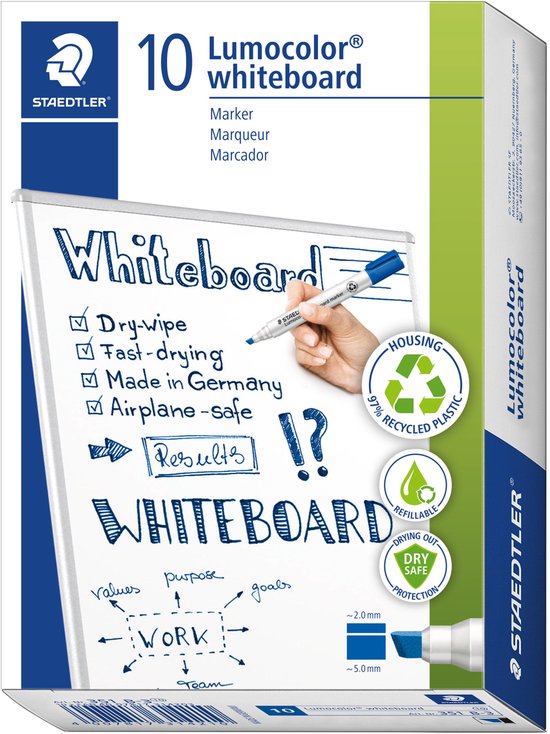 Staedtler Lumocolor whiteboardmarker, blauw, verpakking met 10 stuks. Met handgeschreven tekst en pictogrammen.