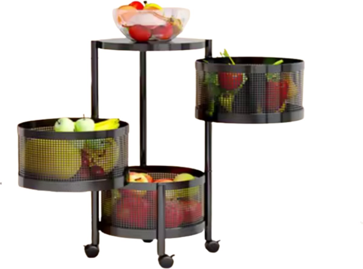 DIMICO - Opbergmand - Rek - 3-laags roterende stellingkast / opbergrek op wielen - Zwart - Plank organizer voor groenten en fruit