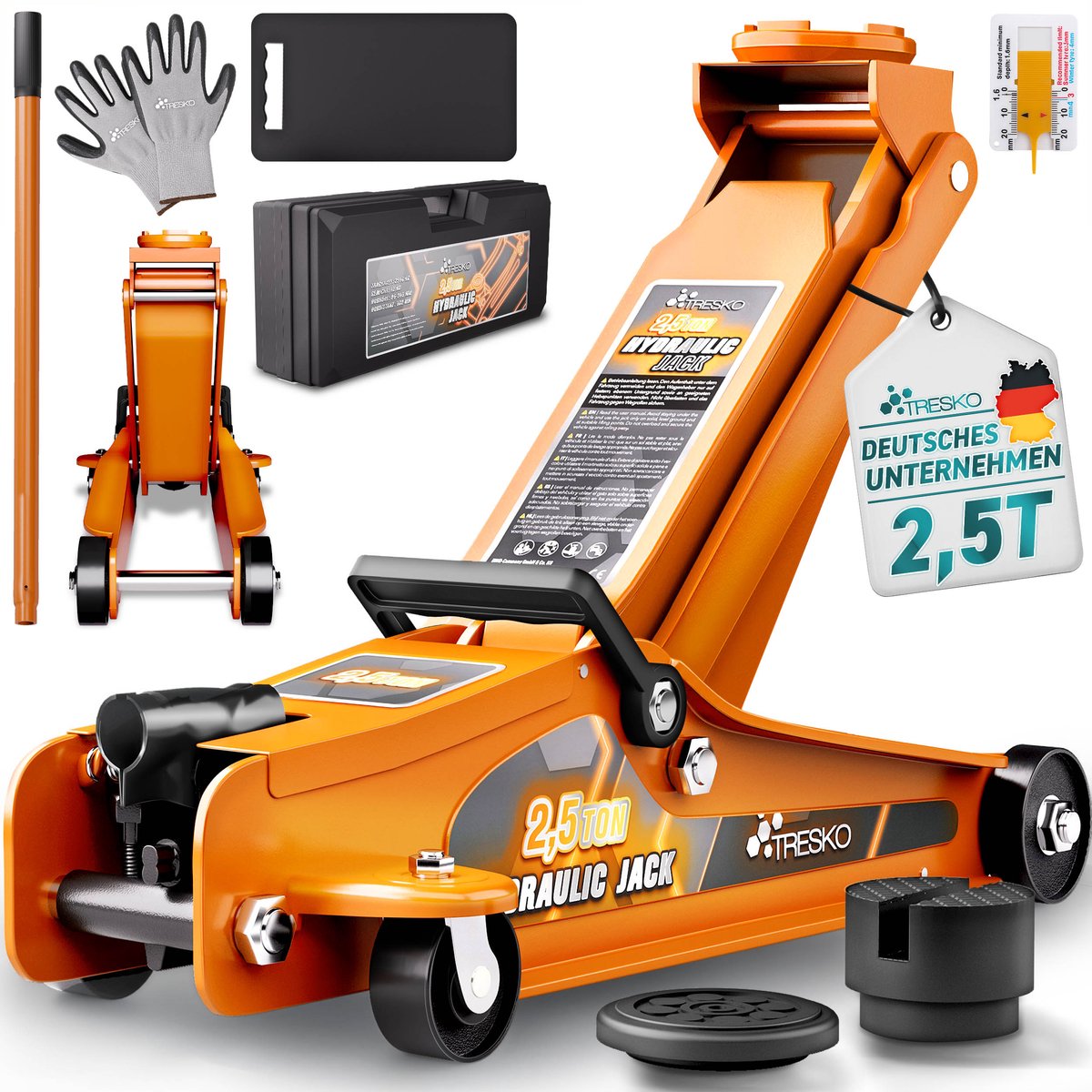 TRESKO Hydraulische krik, 2,5 ton oranje, hefhoogte 85-385 mm, met koffer, hydraulische krik, plat, voor verlaagde auto's, 360° wielen met 2 rubberen pads, kniematten, handschoenen