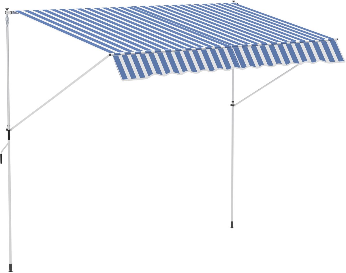 Merax Uitschuifbare Markies 300x150 cm - Verstelbare Balkon Zonwering met Zwengel - Hoogte 170-280 cm - Aluminium Frame - Polyester Doek 180 g/m² - Blauw Wit