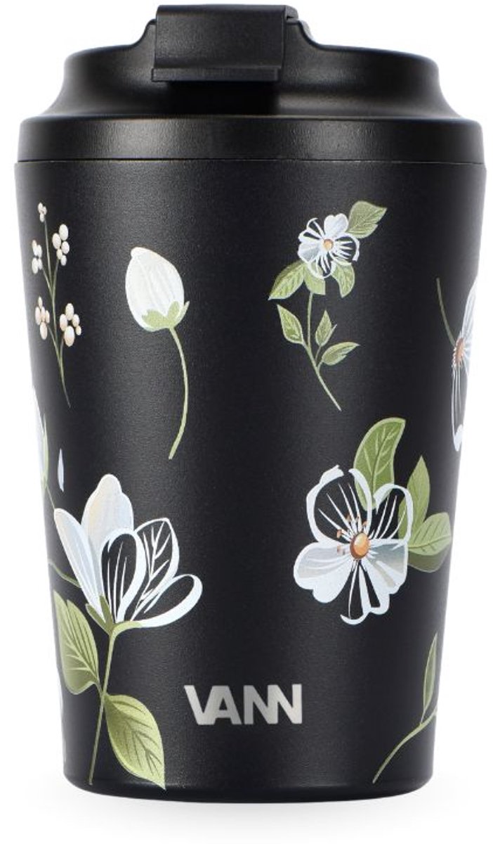 VANN® RVS Koffiebeker to go 350ml - Theebeker - Thermosbeker met deksel - Voor de koffie liefhebber - Black Flowers
