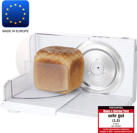 Emerio Multifunctionele Snijmachine - 100W - Dikte Verstelbaar 0-17mm - RVS Mes - Elektrische Snijmachine voor Brood, Kaas en Vlees - Anti-slip - MS-125000 Allessnijder Wit