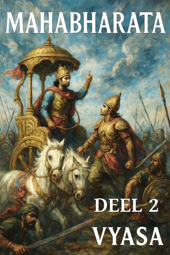 Mahabharata Deel 2 Vyasa met krijgers in strijd, een man in strijdwagen, de tekst 'Mahabharata Deel 2 Vyasa'.
