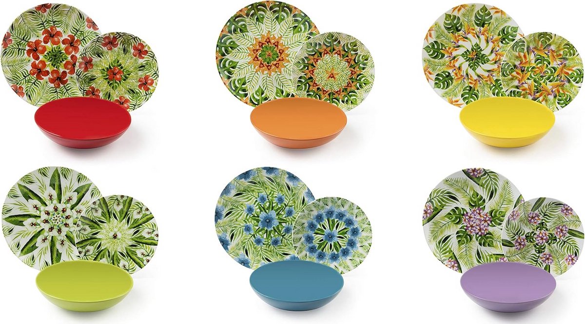 18-delig Porseleinen Aardewerk Servies met Tropisch Mandala Design