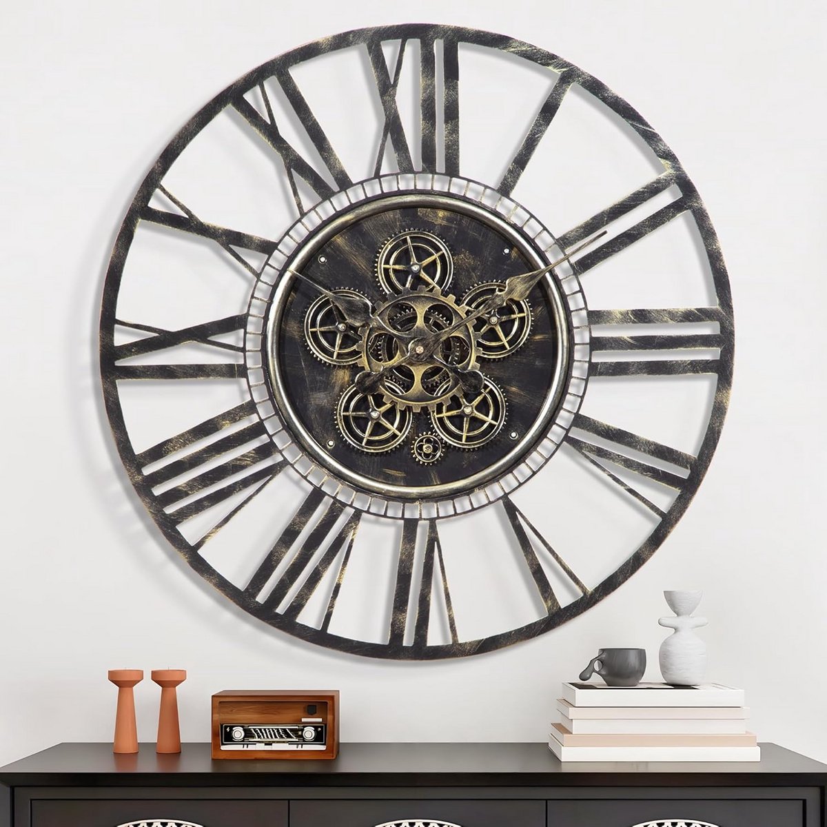 Grote Industriële Wandklok met Bewegende Tandwielen - Vintage Steampunk Decoratie voor Woonkamer en Kantoor