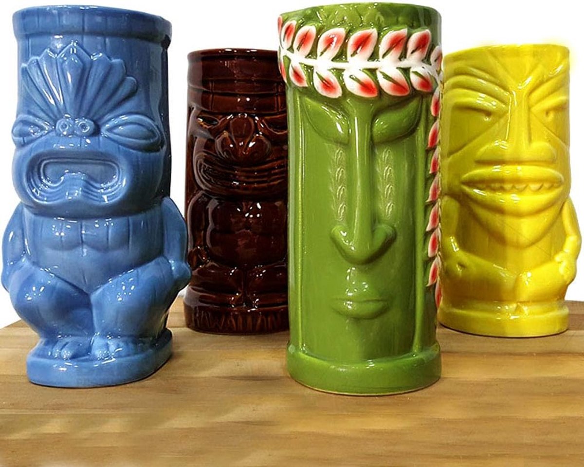 Set van 4 Tiki mokken - handgeschilderd drinkbekers