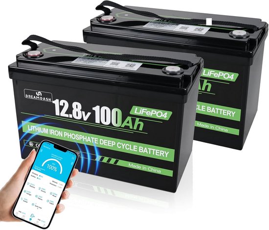 2x 12V 100Ah Lithium LiFePO4 Accu Oplaadbaar met Bluetooth BMS - Diep Ontladen