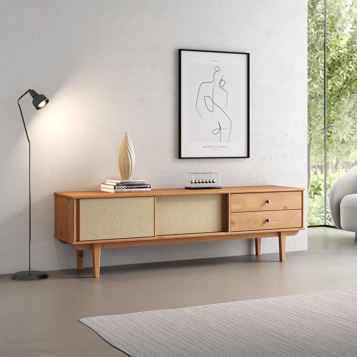 TV-meubel 175x41x52 cm Rotan Schuifdeuren & 2 Lades – Mid Century Design – Eikenlook Massief Hout – Geschikt tot 75 Inch – Simona Retro Lowboard – Abkantoor