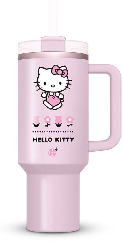 Lichtroze Hello Kitty beker van 1,2 liter met afbeelding van Hello Kitty, bloemen en de tekst "Hello Kitty".