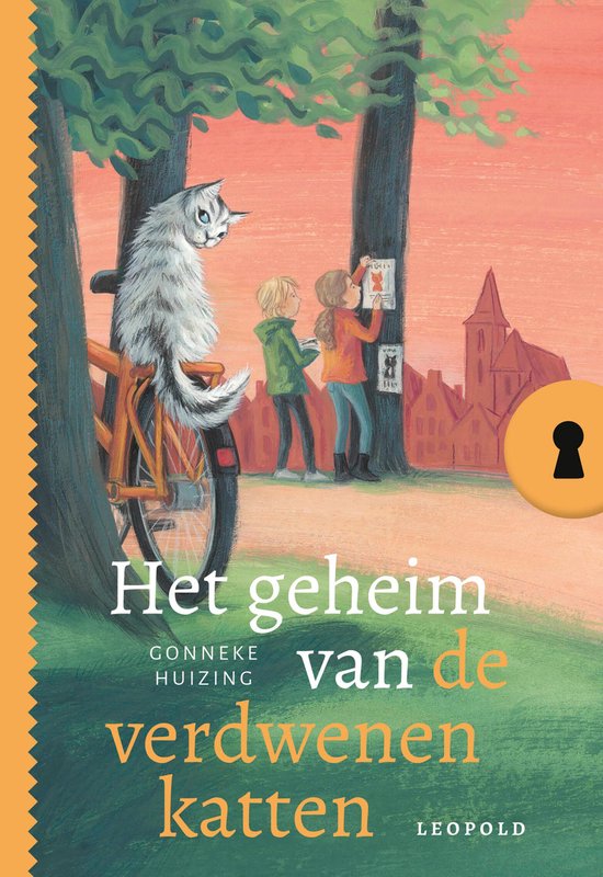 Boekcover: Een zilverkleurige kat zit op een fiets, twee kinderen zoeken naar katten die vermist zijn.
