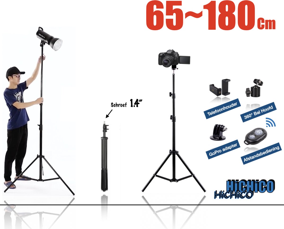 Smartphone Tripod Camera Statief 180 Cm + Telefoonhouder, 360 ° horizontaal en Bluetooth Remote Shutter – Eff Pro