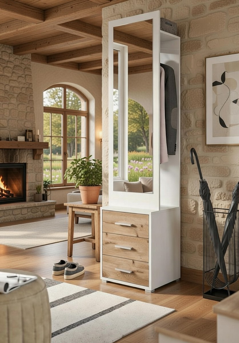 LuxeLine Nox Eiken Halmeubel Garderobeset - Kleine Garderobekast met Lades, Kapstok, Stang en Opbergruimte - Wit & Eikenlook - 45x190x38 cmCasa Serena
