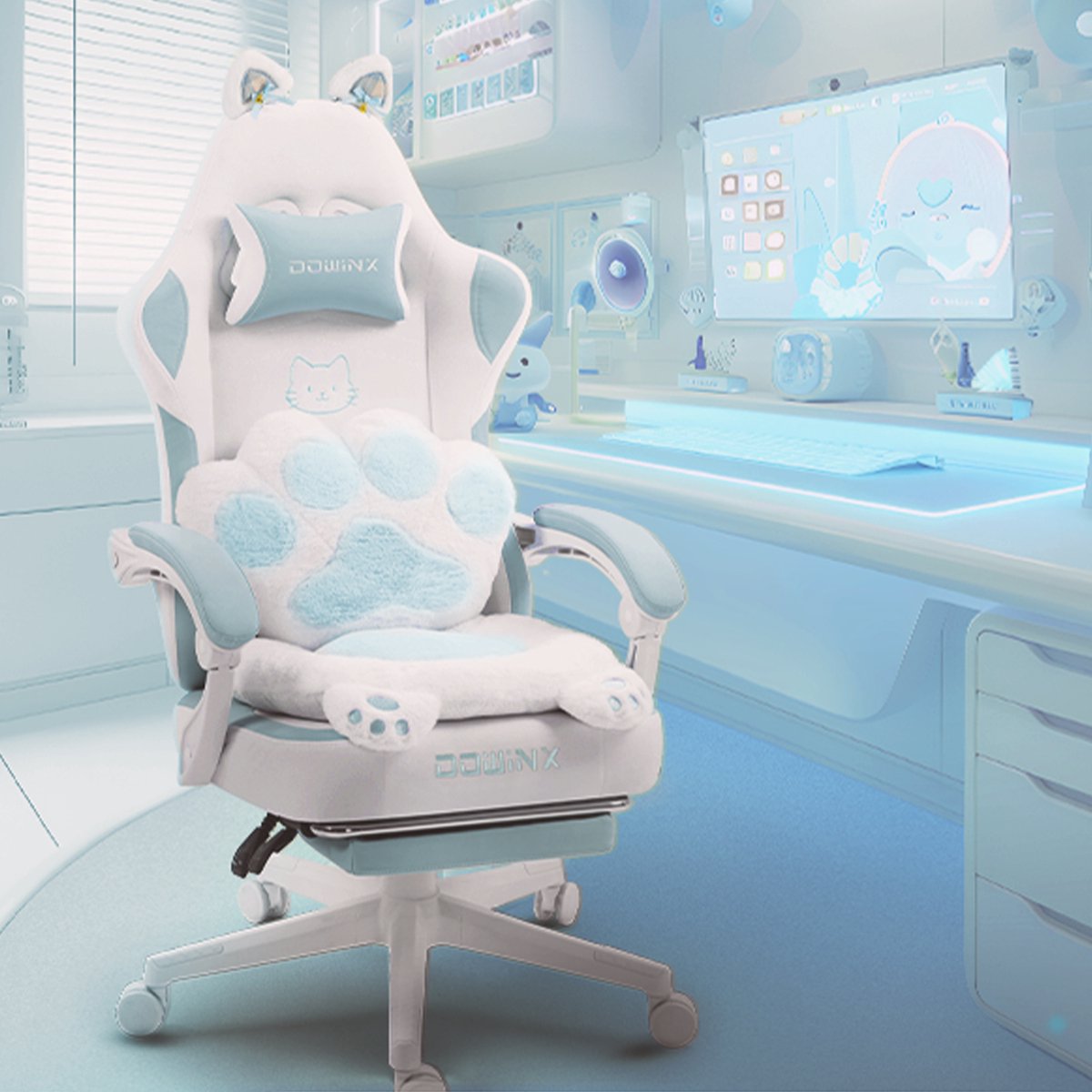 Dowinx Kat Gamingstoel Ergonomisch met Voetsteun - Blauw/Wit - Product - €149,99