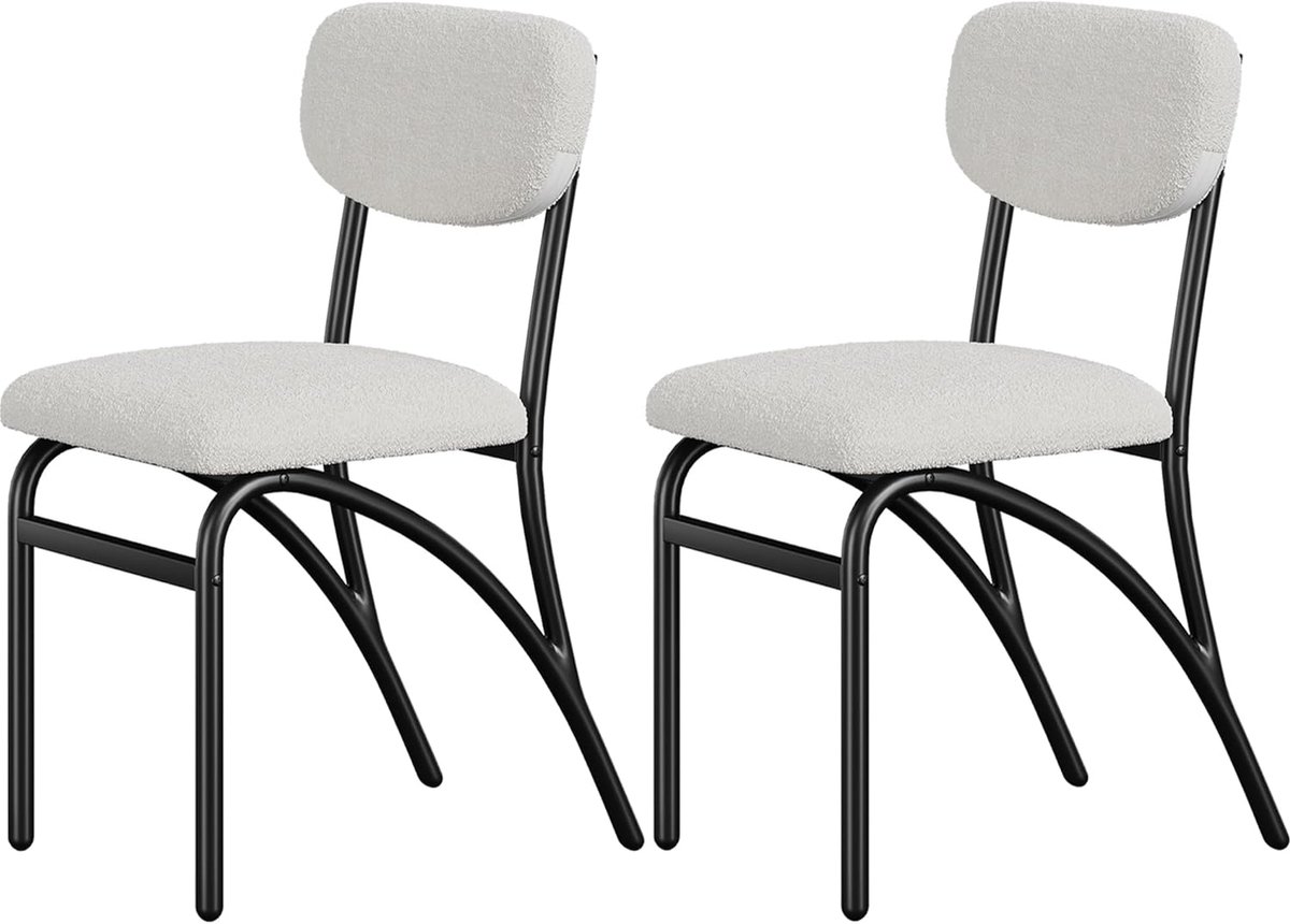 Moderne Boucle-eetkamerstoelen set – Mid-eeuwse gestoffeerde accentstoelen, ergonomische gebogen rugleuning, gewatteerde lamswollen stof, beige – 2 stuks