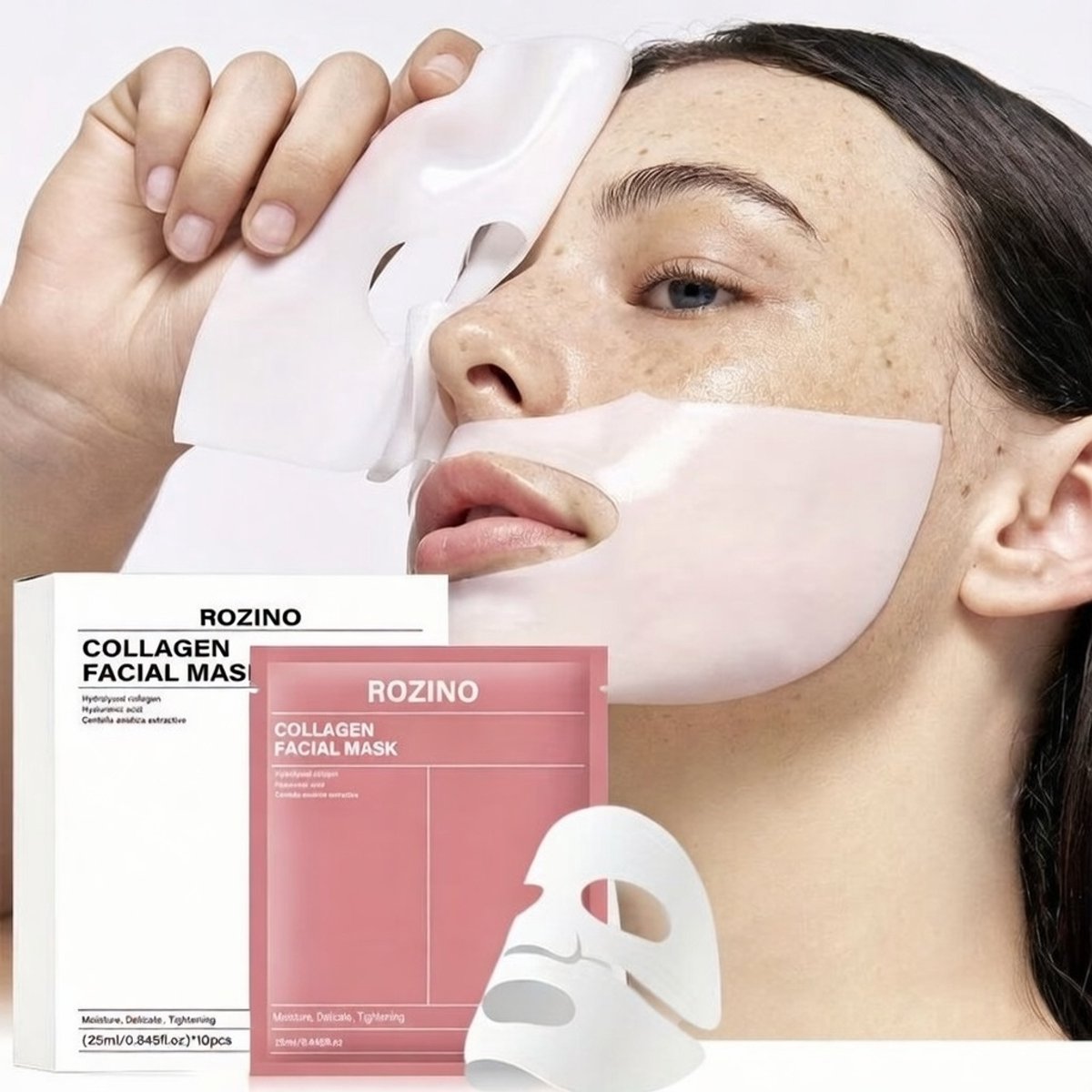 ROZINO Korean Collageen Gezichtsmasker - 1 Stuk - Met Hyaluronzuur & Niacinamide - Anti-Aging & Hydraterend - Verstevigend Bio-Cellulose Masker - Natural Glow