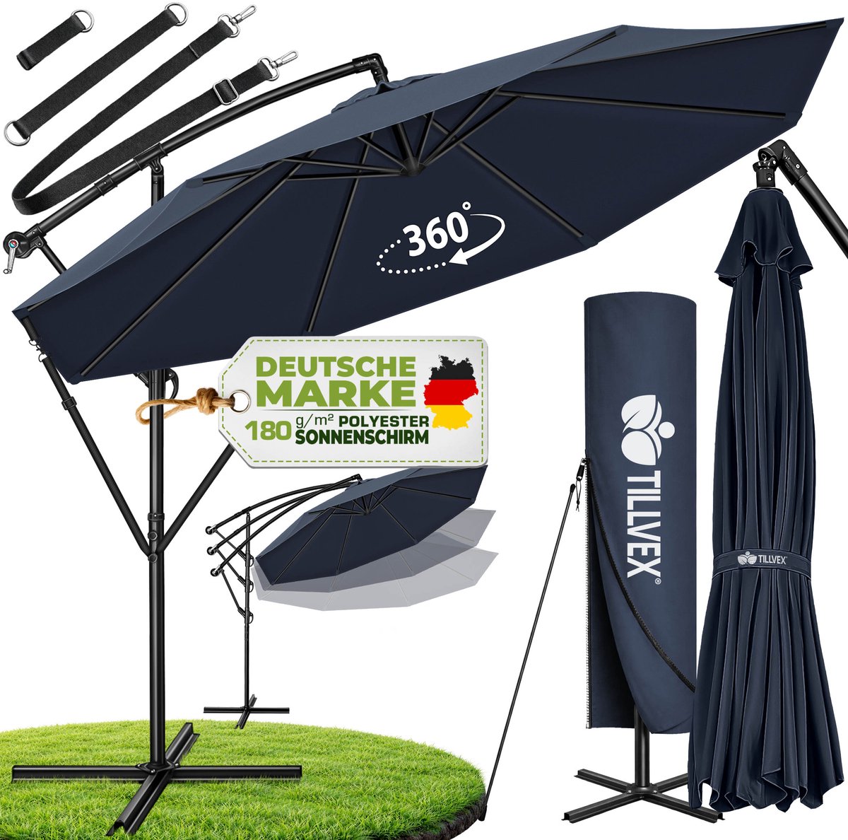 tillvex Parasol Ø 300 cm met zwengel + hoes + windbescherming | Zweefparasol met standaard | Tuinscherm UV-bescherming | Aluminium Zonnescherm | Waterdicht Marktscherm