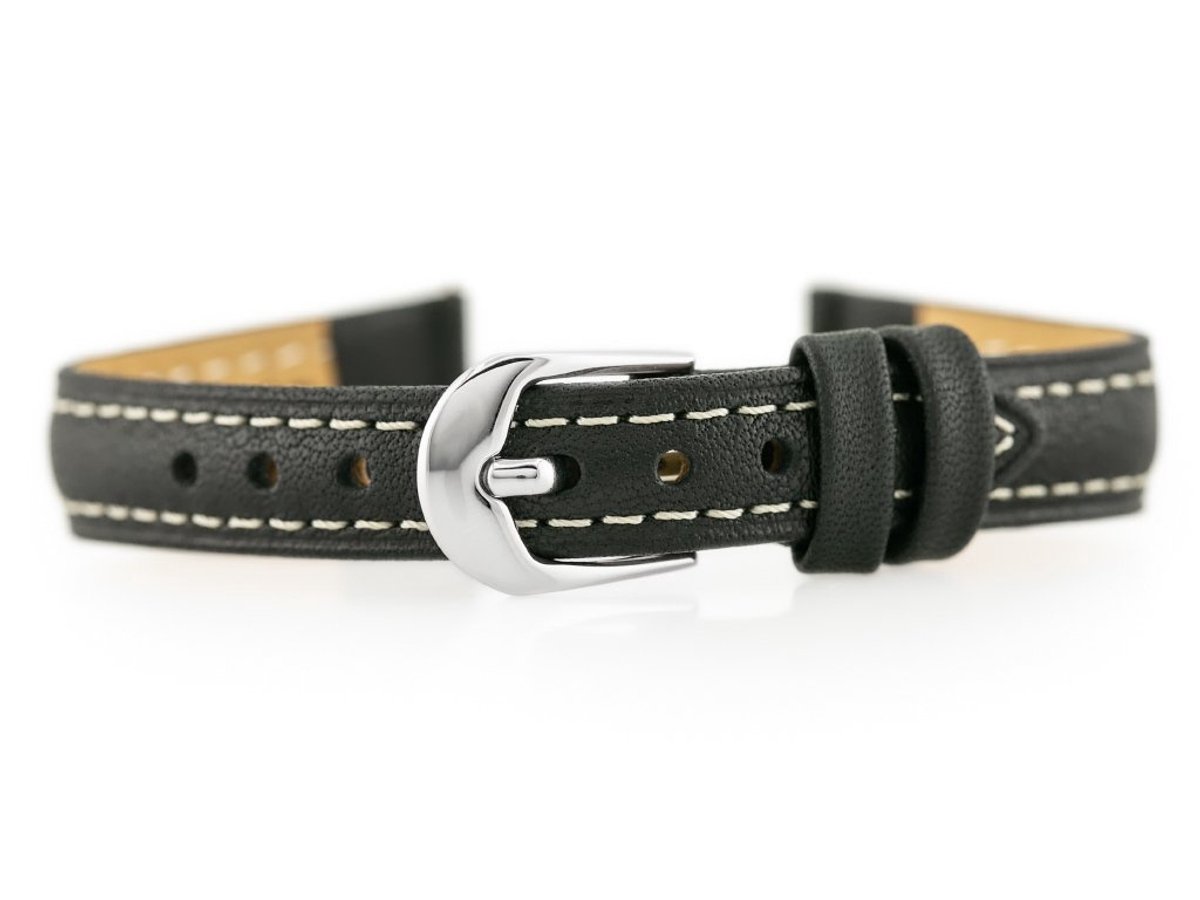 Bisset Horlogeband Leer Zwart 12mm - BS-158