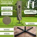 Beige parasolhoes op een standaard, 'Wetterfest & Langlebig'. UV- en waterbestendige onderkant. Roestvrij aluminium voet.
