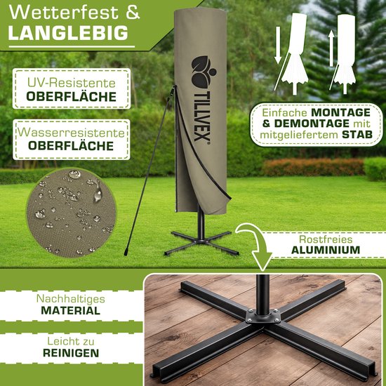 Beige parasolhoes op een standaard, 'Wetterfest & Langlebig'. UV- en waterbestendige onderkant. Roestvrij aluminium voet.
