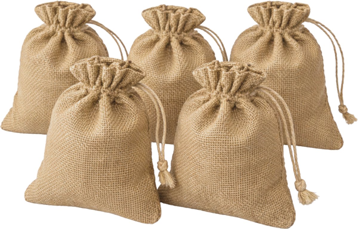 Tavas Jute Zakjes - 9 x 12 cm - 5 Stuks - Organza Zakjes - Katoenen Cadeauzakjes met Trekkoord - Natuurlijke Kleur