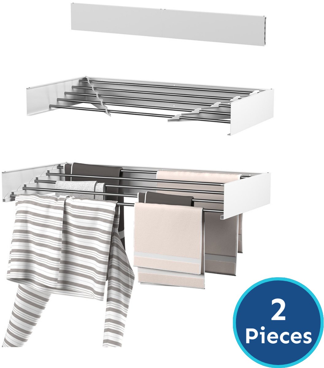 Wasophoogte® Wanddroogrek - Wasrek inklapbaar - Wasrek Hangend - Droogrek inklapbaar - 80cm - 4m drooglengte - Wit - inclusief boormal - 2 STUKS