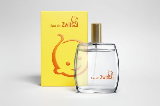 Flesje Eau de Zwitsal en gele verpakking met kindersymbool op witte achtergrond.