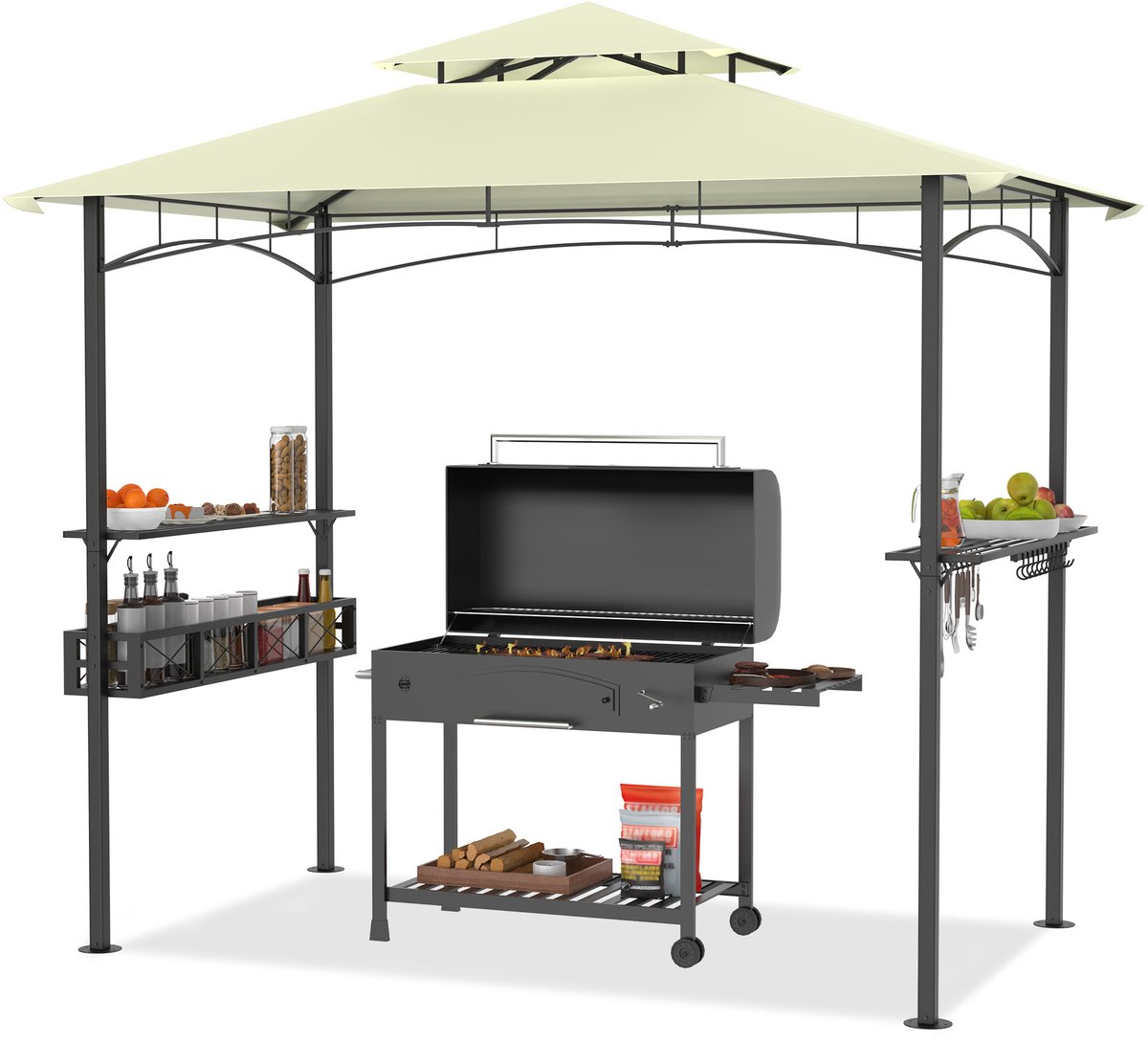 ACXIN Grillpaviljoen - Winterproof - Metalen frame - 245×153×250 cm, Regen & Zon, Inclusief opbergbak, Beige