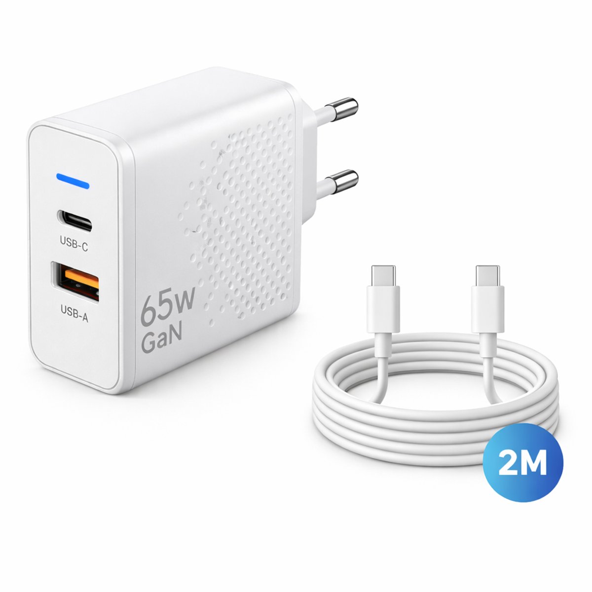 Gmedia USB-C Oplader 65W - inclusief 2 meter USB-C naar USB-C 60W – 2-Poorts Snellader met USB-C PD & USB-A QC 3.0 – Krachtige Universele Adapter voor Telefoon, Tablet & Laptop - Wit