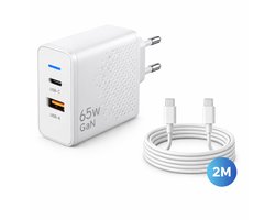 Gmedia USB-C Oplader 65W - inclusief 2 meter USB-C naar USB-C 60W – 2-Poorts Snellader met USB-C PD & USB-A QC 3.0 – Krachtige Universele Adapter voor Telefoon, Tablet & Laptop - Wit