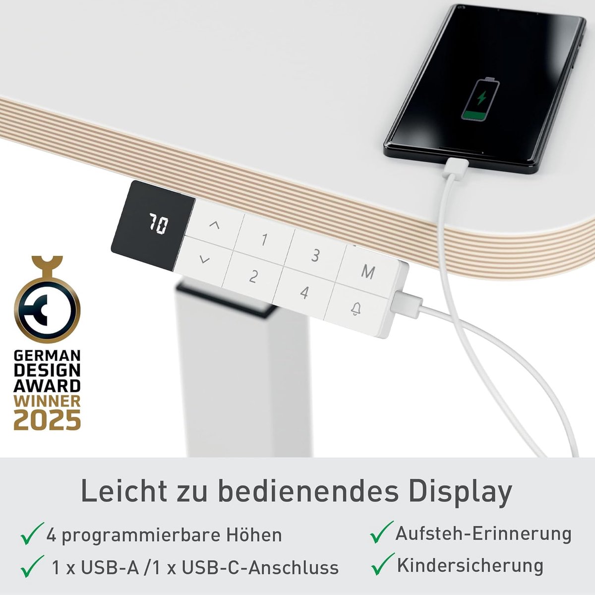 Elektrisch Zit-Sta Bureau 80x60 cm – In Hoogte Verstelbaar Bureau met Geheugenfunctie, USB & Kabelgoot – Wit – Abkantoor ErgoMotion Pro