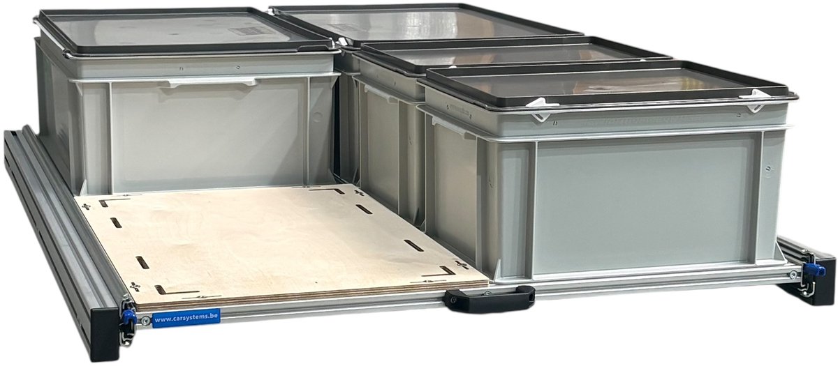 Schuifframe aluminium voor camper 120x80 cm inclusief 4 bakken met deksel en multiplex berk 9 mm bovenplaat