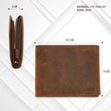 Afmetingen bruine leren portemonnee: 12.5 cm breed, 10 cm hoog, 3 cm dik. Gemaakt van echt leer.