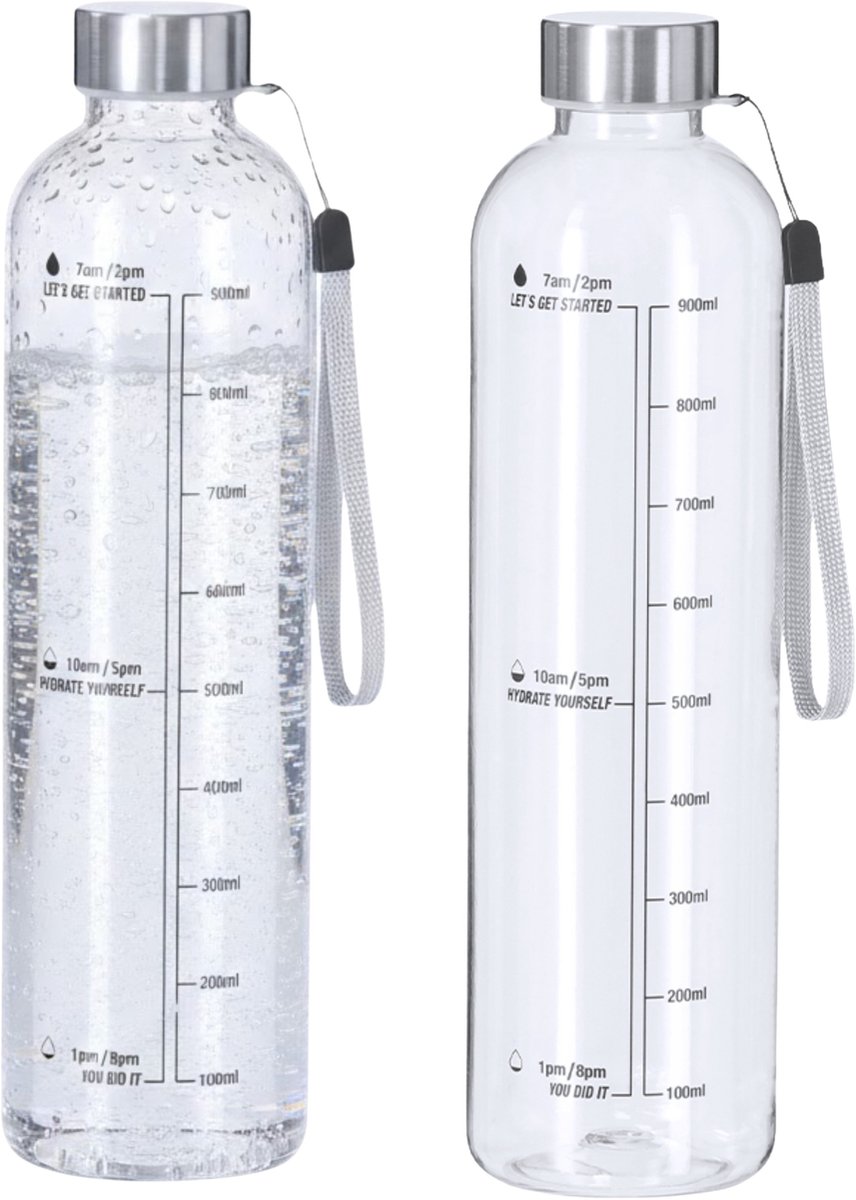 Makito Waterfles/drinkfles - 2x - motivatiefles - transparant - met RVS dop - 1000 ml - D7 cm - Met capaciteitsindicator