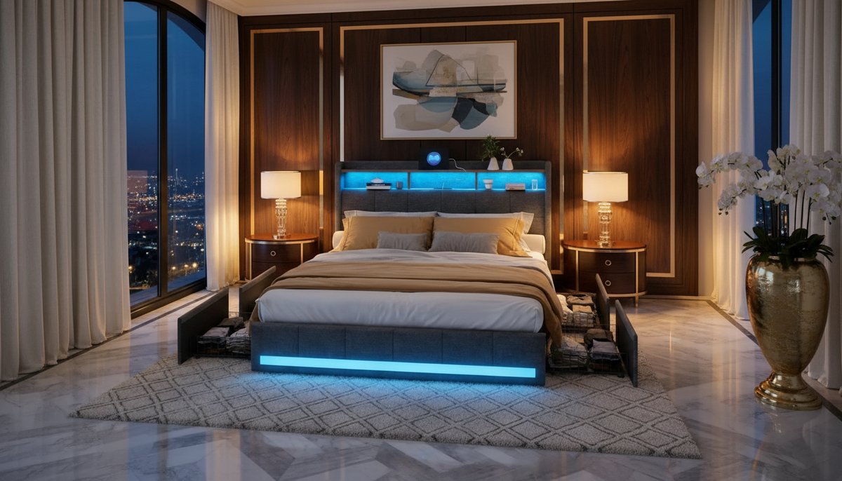 Bed 160x200 cm met LED Verlichting en Opberglades – Casa Velluto Aurora Luxe Gestoffeerd Tweepersoonsbed met USB & Type-C – Lattenbodem – Linnen – Grijs