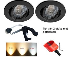 Daanslightshop Inbouwspots Zwart Set van 2 - Dimbaar - GU10 LED 4W 4000K - Verstelbaar - 230V - Inclusief Gatenzaag - 5 Jaar Garantie
