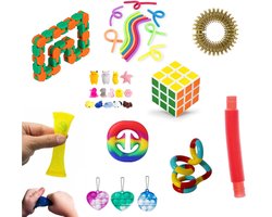 Happy Trendz® Fidget Speelgoed Pakket 10 Stuks – Monkey Noodle, Mochi Squishy, Wacky Track, Pop It Keychain, Fidget Cube 3x3, Pop Tube & Meer – Sensorisch Speelgoed – Stress Vermindering – Mystery Kleuren