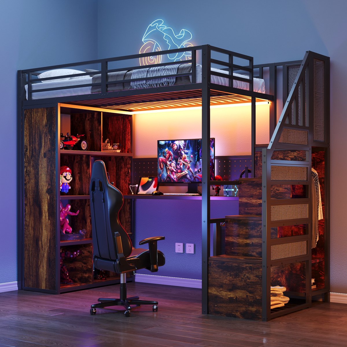 Clruro Hoogslaper - 90x200 cm - Bureau & Kledingkast - LED & Stopcontact - Metaal - Zwart