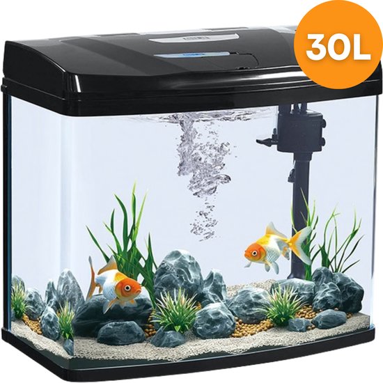 Glazen aquarium met zwarte kap, 30 liter, met twee goudvissen en waterplanten.