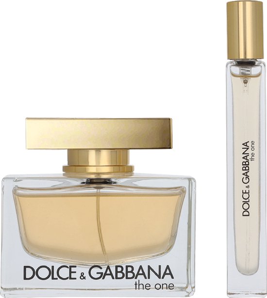 Dolce & Gabbana 'The One' Eau de Parfum fles van 85 ml met gouden dop en een bijpassende reisflacon van 10 ml.