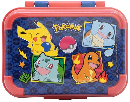 Rode broodtrommel met Pokémon afbeeldingen van Pikachu, Squirtle, Bulbasaur en Charmander op een blauw met cirkels patroon.