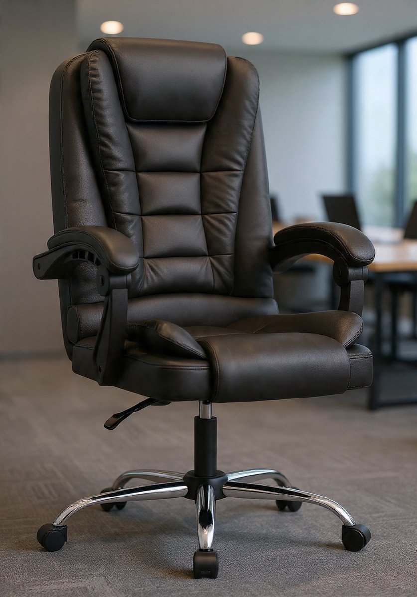 Directiestoel, bureaustoel, ergonomische computerstoel met gewatteerde armleuningen en zachte rugleuning, kantelfunctie, in hoogte verstelbaar, draaibare stoel van PU-leer - Casa Serena