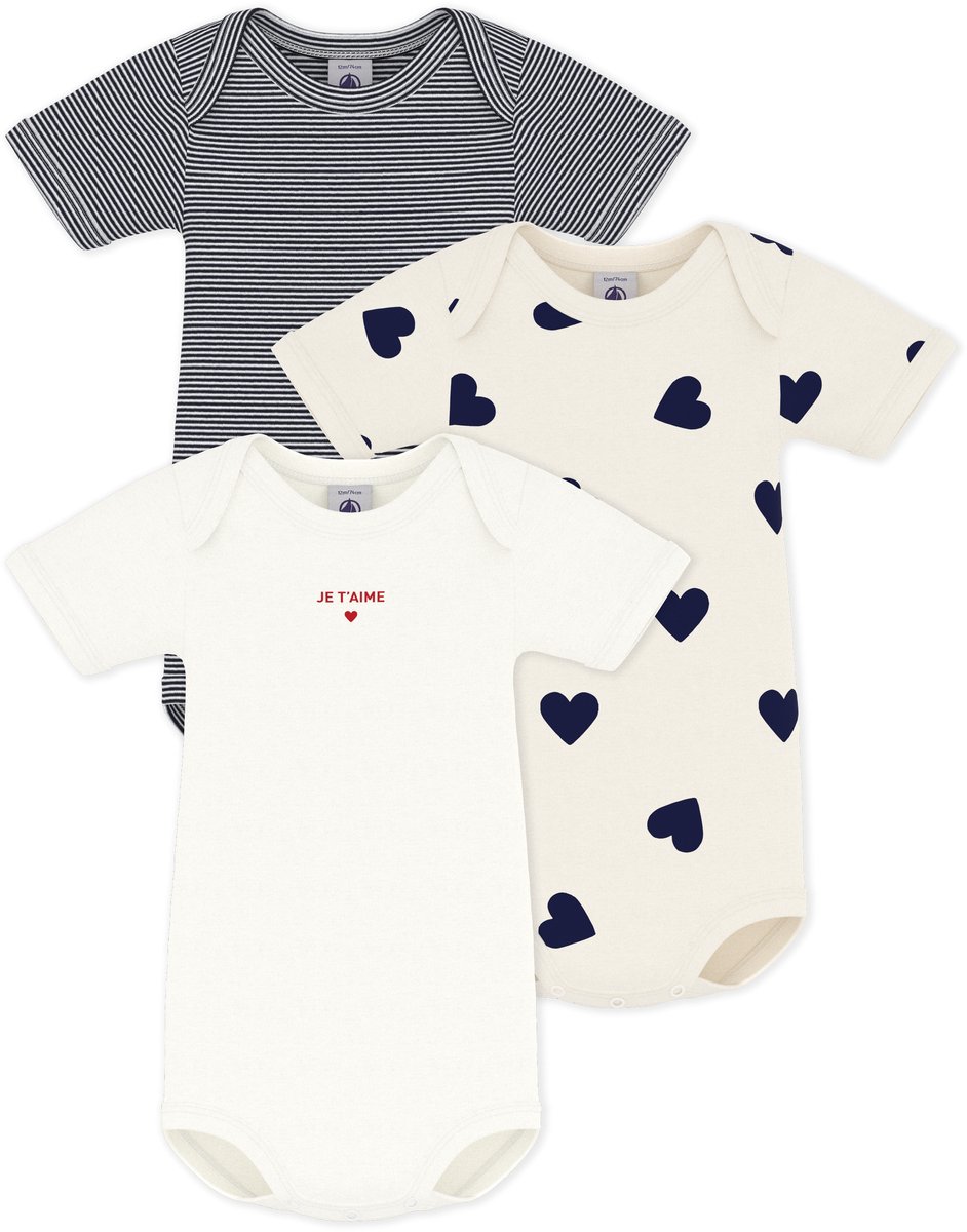 Petit Bateau Setje van katoenen babybody's met korte mouwen en hartjesprint Unisex Rompertje - Blauw/Wit + Blauw + Wit