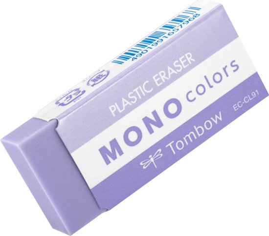 Paarse Tombow Mono Colors gum met de tekst 'PLASTIC ERASER', 'MONO colors', en het Tombow logo.