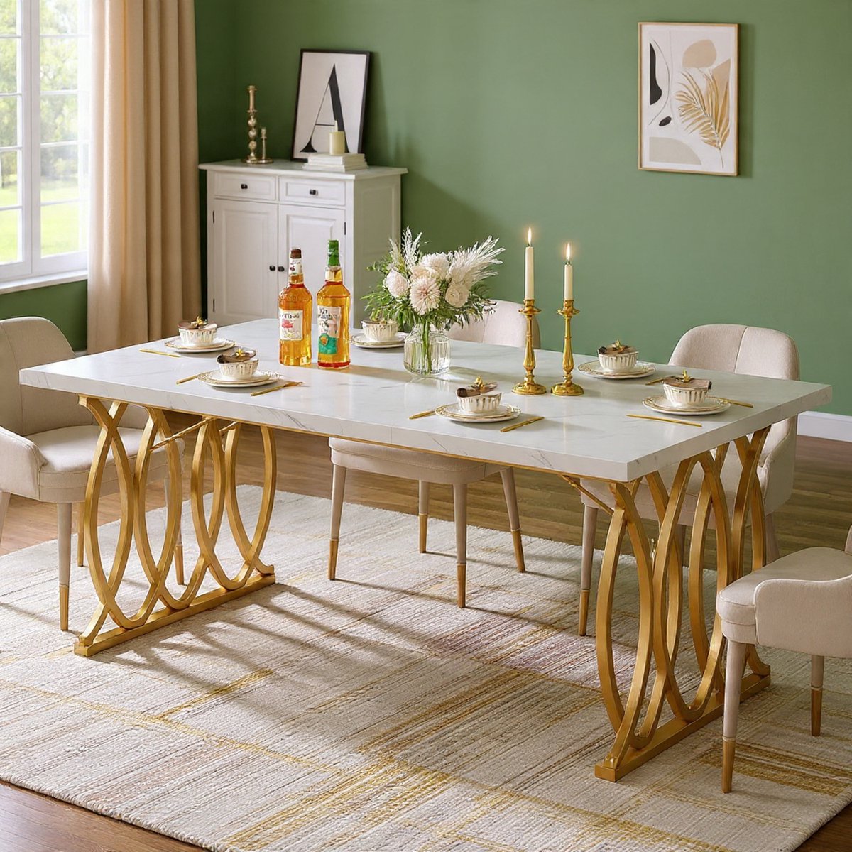 Serena Gouden Marmerlook Eettafel 160x80 cm - Luxe Rechthoekige Design Eettafel voor 4-6 Personen met Gouden Metalen Frame Casa Serena – Casa Dorada
