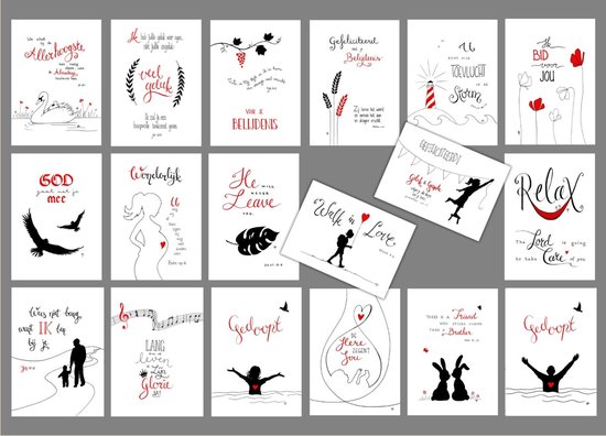 Een collage van 18 kaarten met diverse illustraties: zwaan, druiven, vuurtoren, bloemen, adelaars, vrouw, veer, silhouet van een kind met rugzak, hamer, konijnen en mannen met armen omhoog.