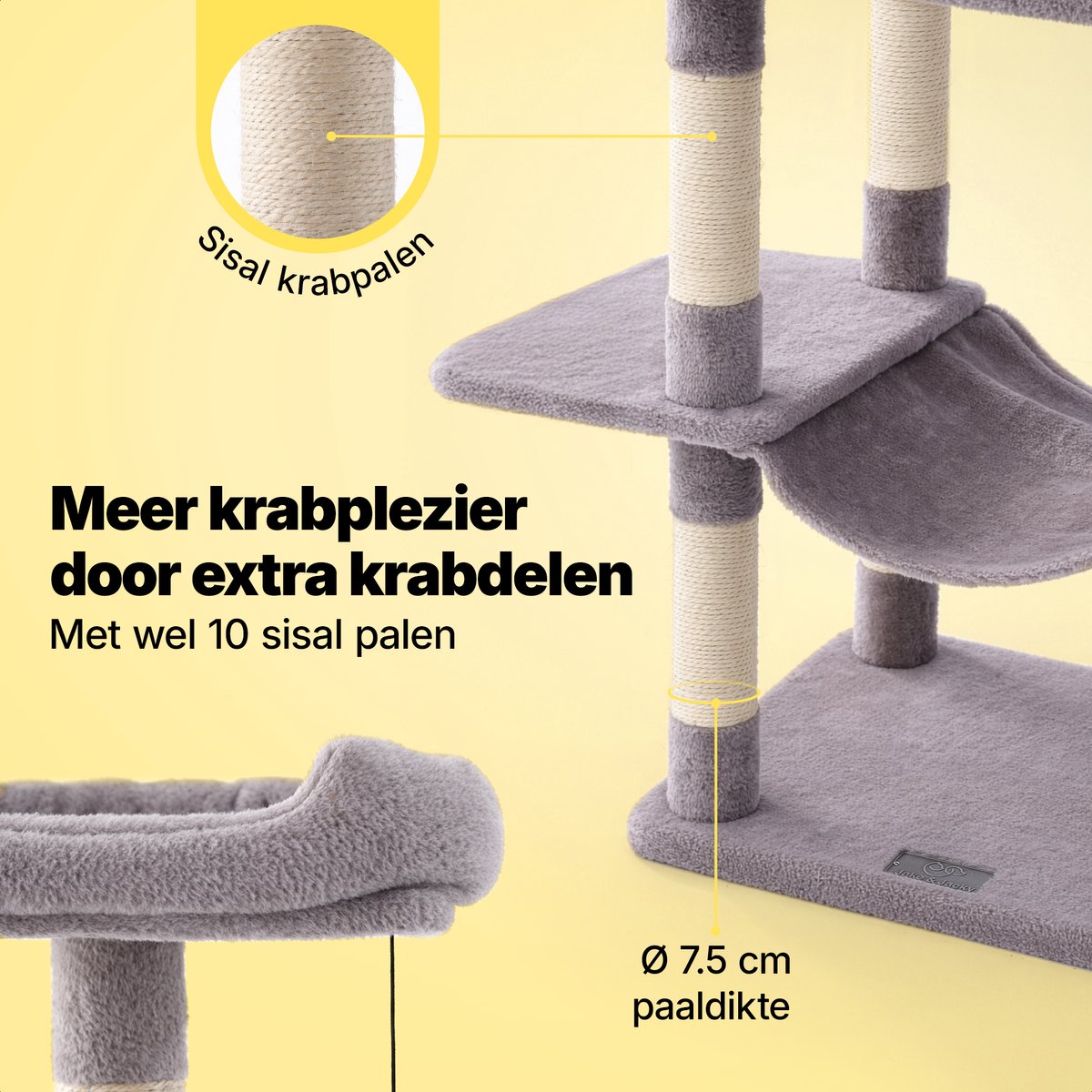 Jake and Jacky Krabpaal voor Katten - Kattenkrabpaal - Krabmeubel - Kattenboom - Krabpalen - Kattenhuis - Lichtgrijs - 147 cm Hoog – foto 3