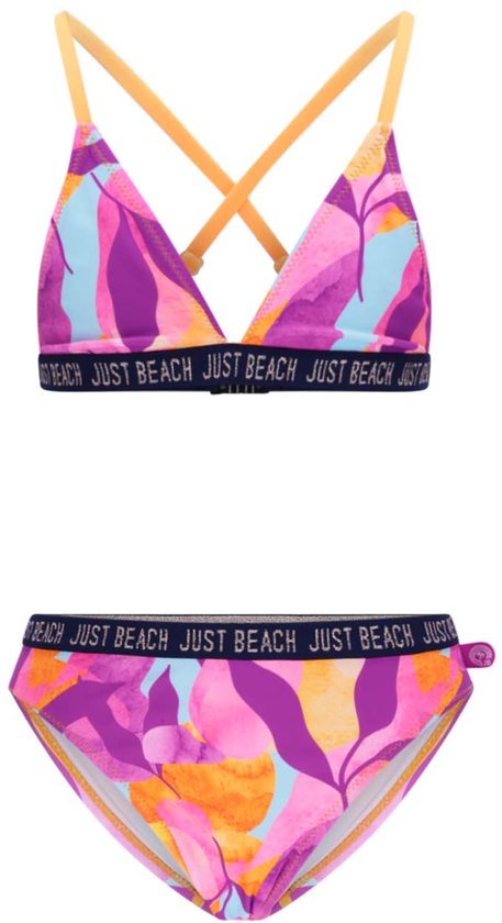 Paars, roze en oranje abstract bladpatroon driehoek bikini. Donkerblauwe 'JUST BEACH' band.