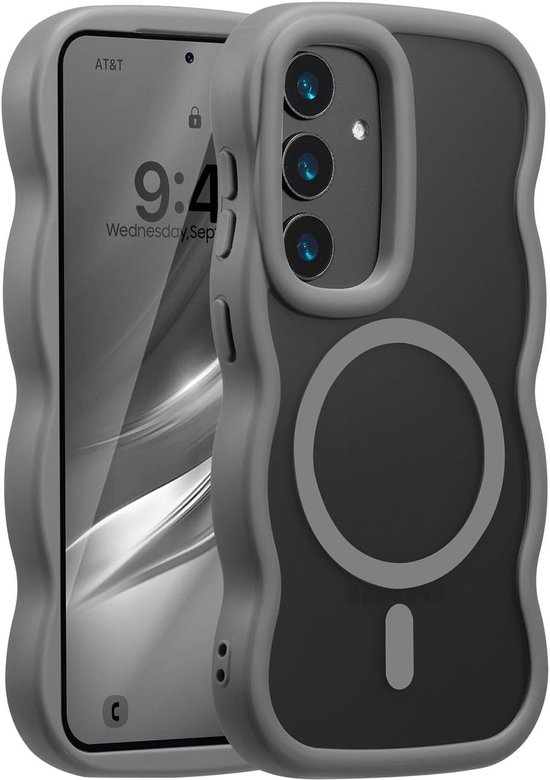 Coque noire au design ondulé avec un anneau magnétique, à côté d'un téléphone Samsung.