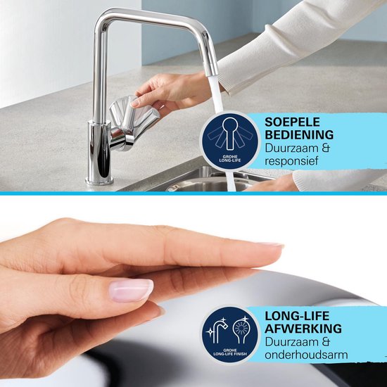 Close-up van een verchroomde keukenkraan met soepele bediening en long-life afwerking.